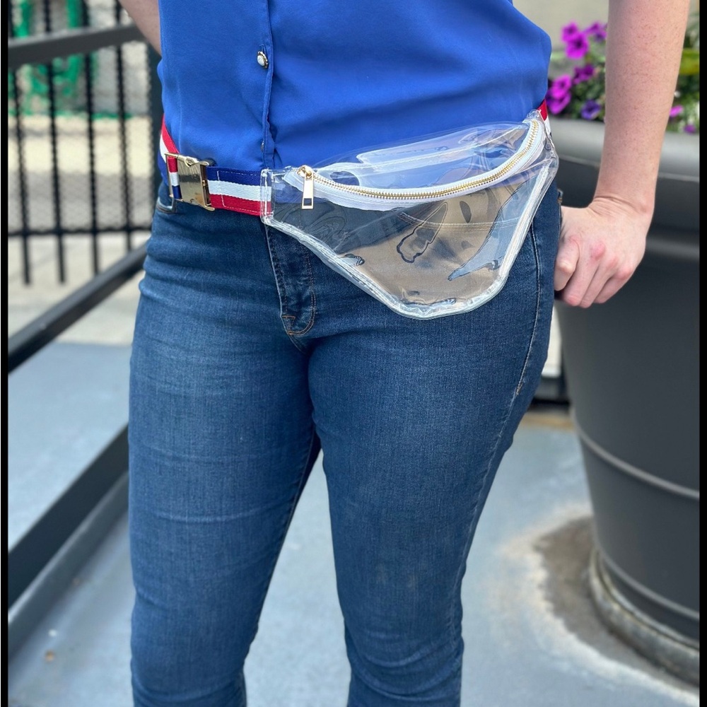 Clear Fanny pack. New! Red white & blue, gold, black, red, or navy blue